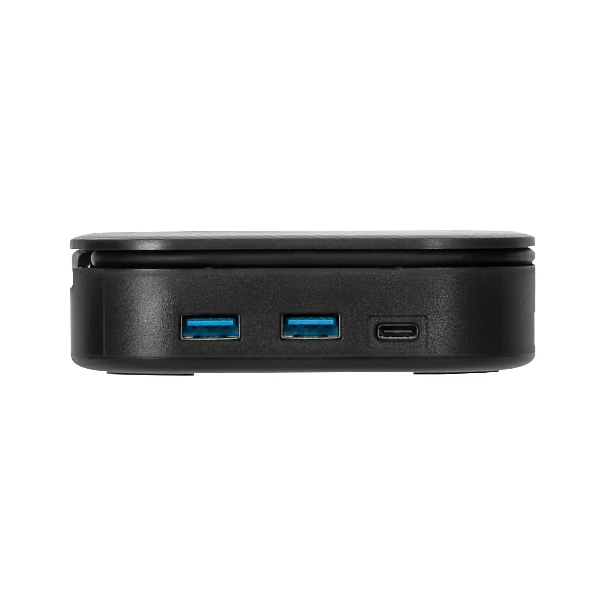 Schwarzes GerÃ¤t mit USB- und USB-C-AnschlÃ¼ssen.