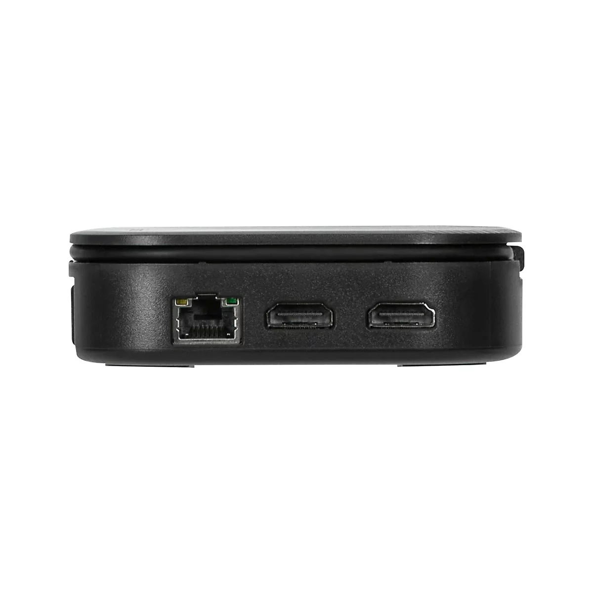 Schwarzes, rechteckiges GerÃ¤t, RÃ¼ckseite mit LAN-Anschluss und zwei HDMI-AnschlÃ¼ssen.