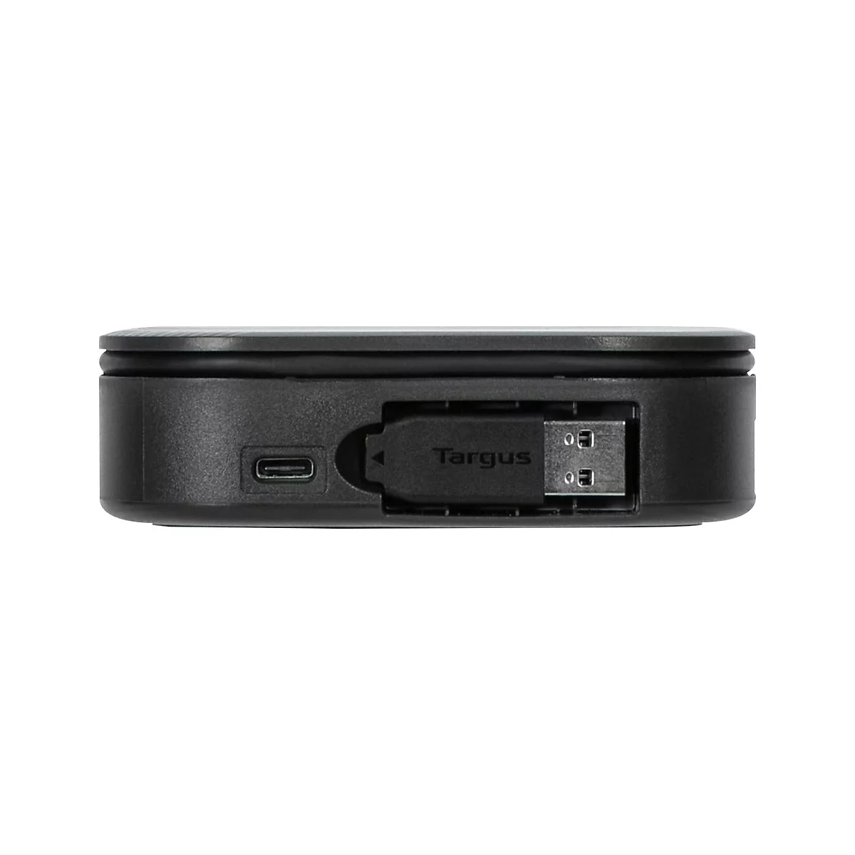 Schwarzes rechteckiges GerÃ¤t mit USB- und USB-C-AnschlÃ¼ssen. Targus-Logo ist sichtbar.