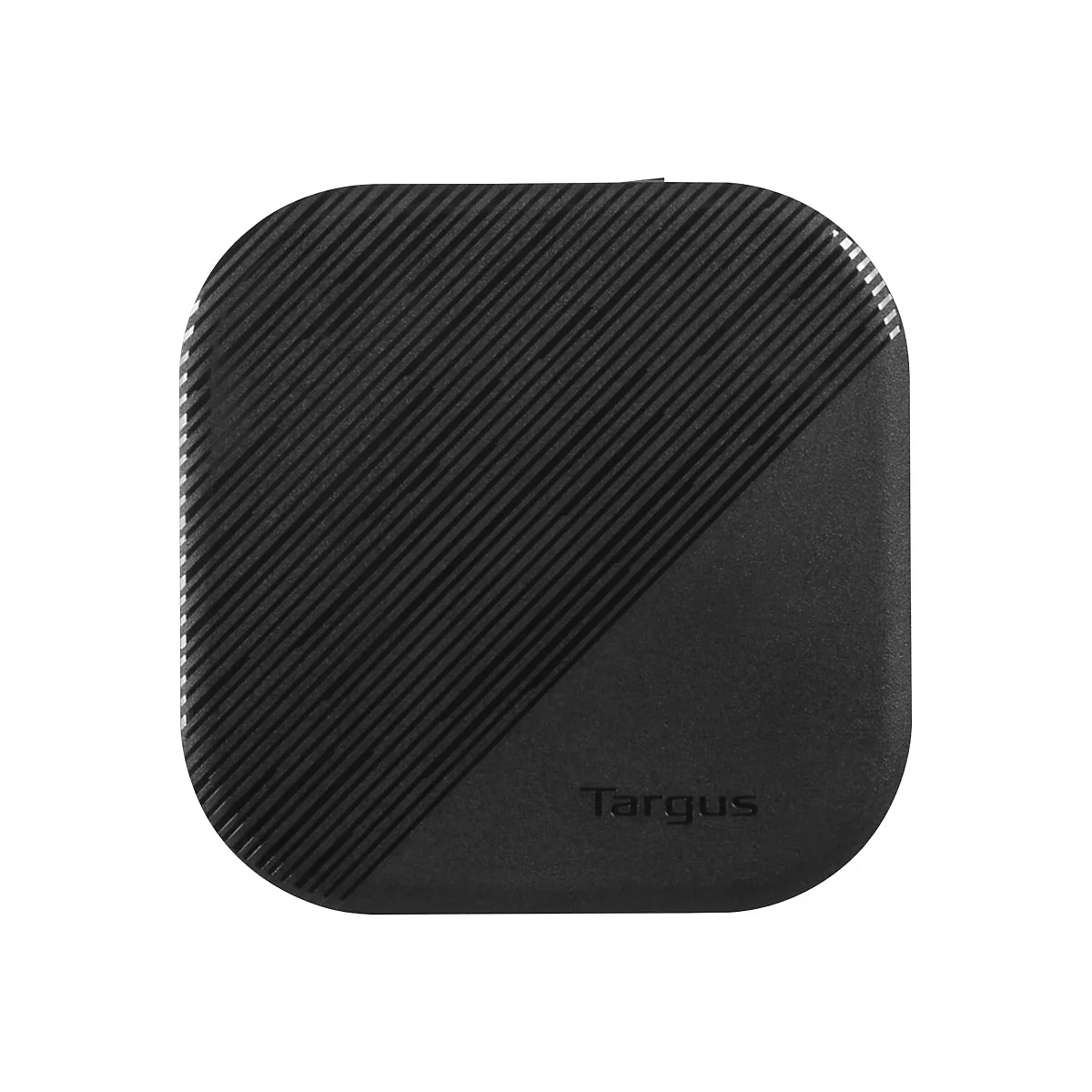 Schwarzes, quadratisches Gadget mit abgerundeten Ecken und diagonalem Muster. Auf einer Ecke steht Targus.