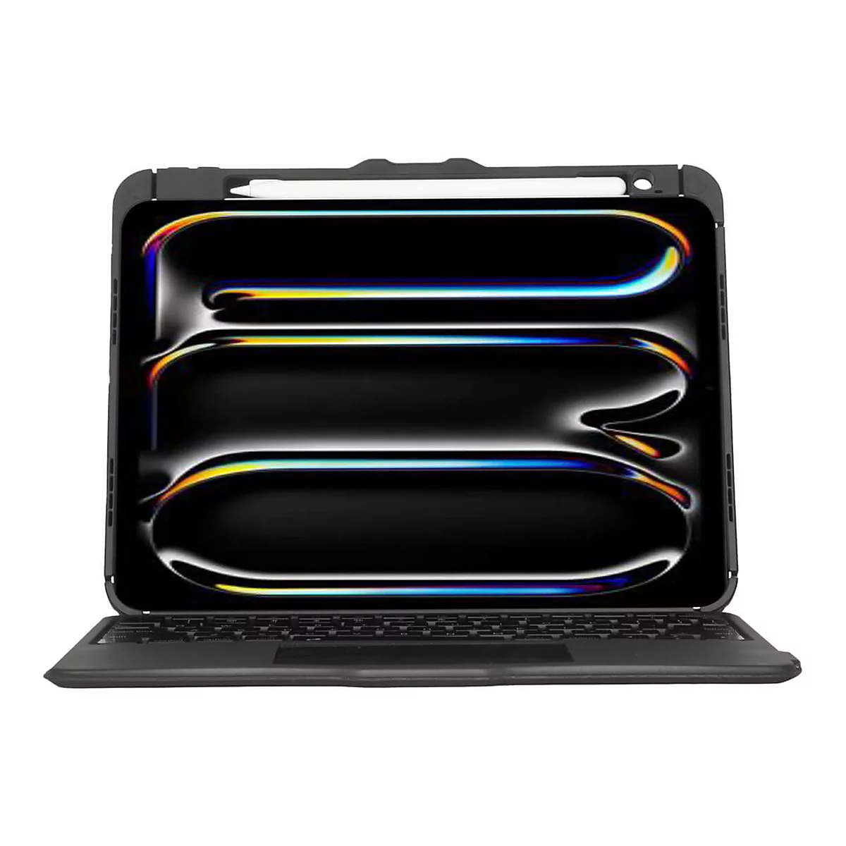 Ein schwarzes Tablet mit angeschlossener Tastatur und Stift. Der Bildschirm zeigt ein abstraktes Muster aus Linien in verschiedenen Farben.