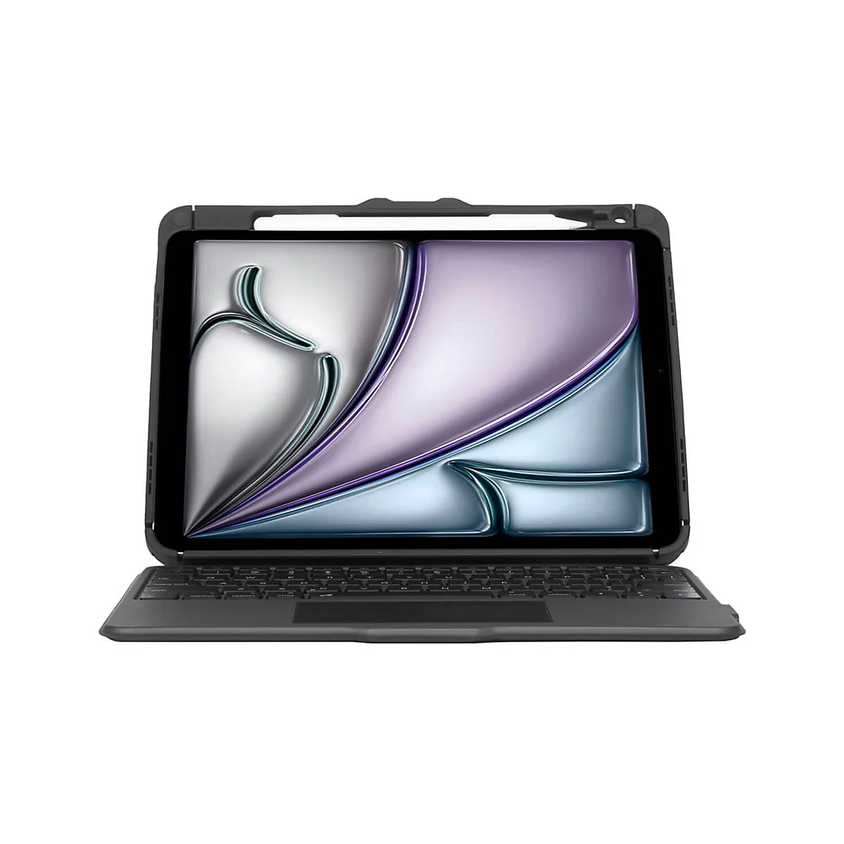 Ein Tablet mit Schutzhülle und Tastatur. Auf dem Bildschirm sind abstrakte Formen zu sehen. Oben ist ein Stift eingelegt.