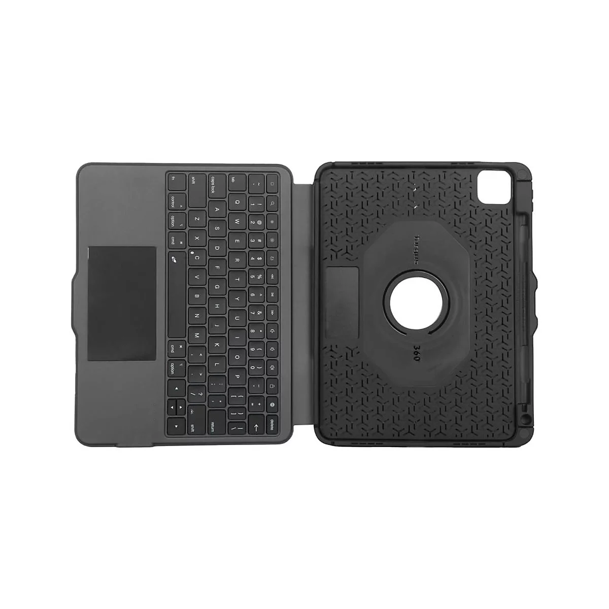 Étui de tablette noir avec clavier et pavé tactile, ouvert. L'étui porte l'inscription "360".