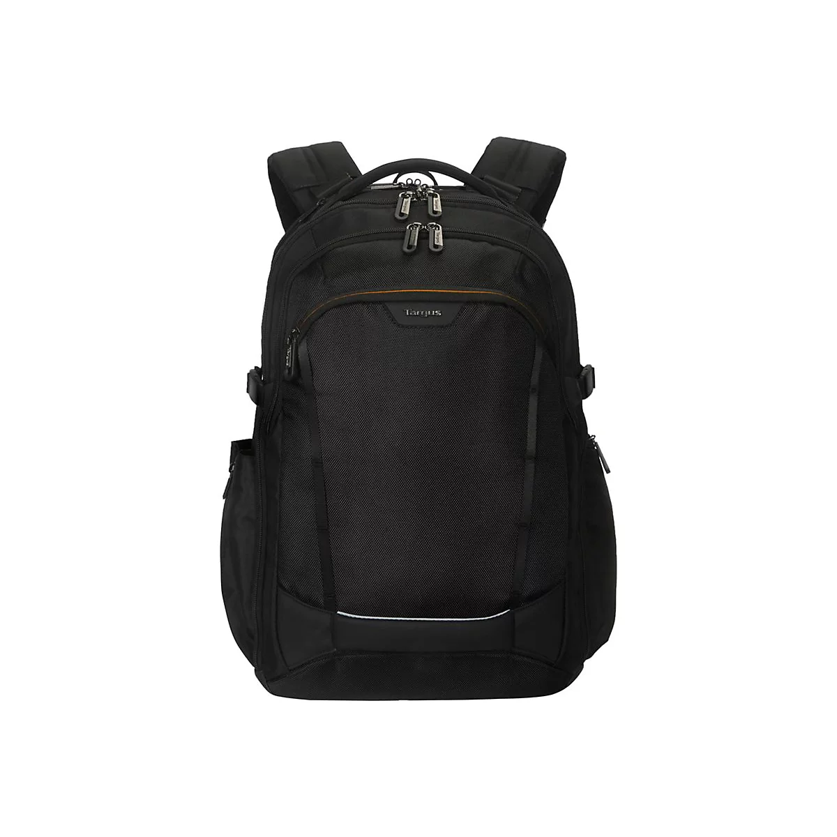 Schwarzer Rucksack vor weißem Hintergrund. Mit Reißverschlüssen, Schultergurten und Tragegriff. Der Schriftzug "Targus" ist sichtbar.