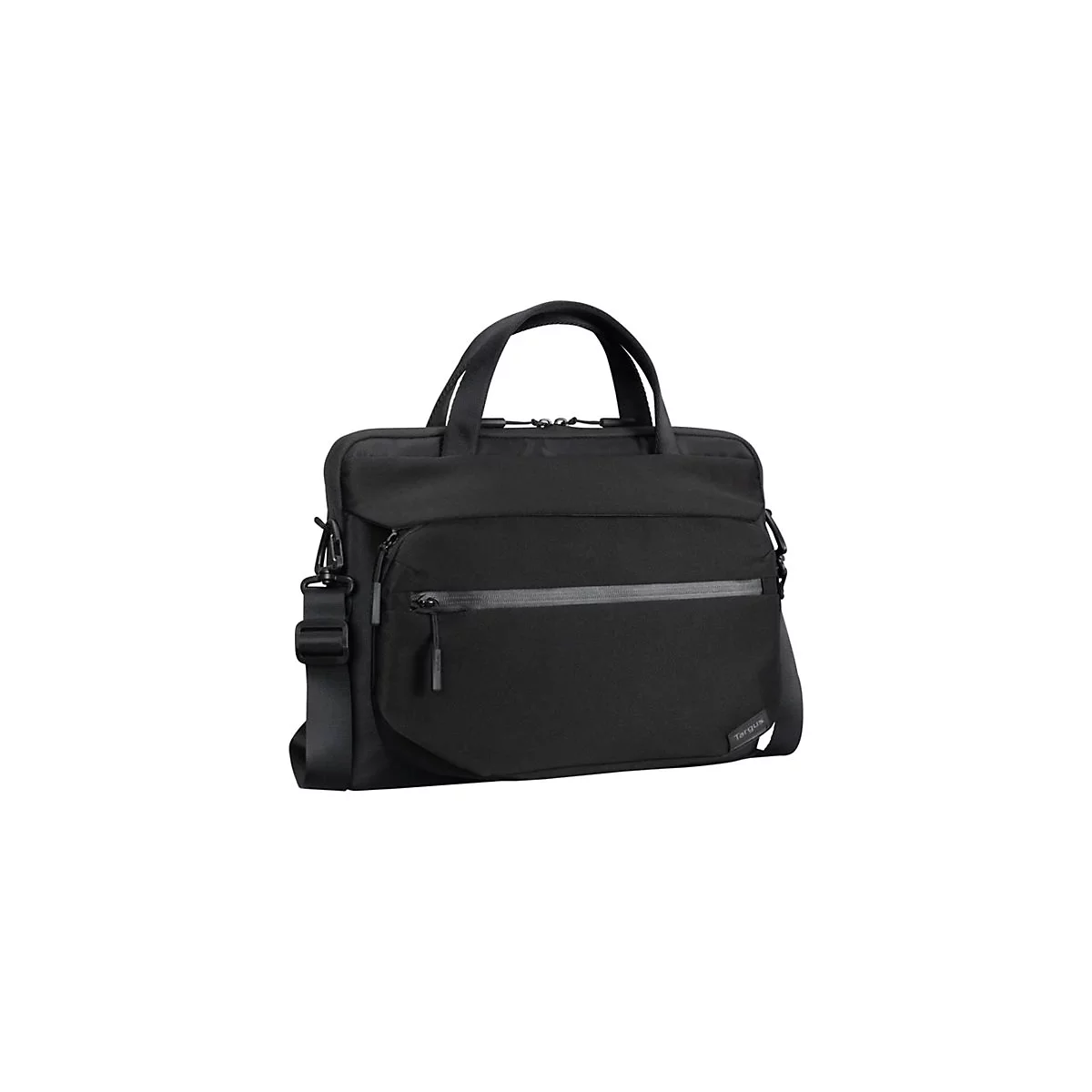 Schwarze Laptoptasche mit Schultergurt und Tragegriff. Grauer Reißverschluss und Targus-Logo. Auf weißem Hintergrund.