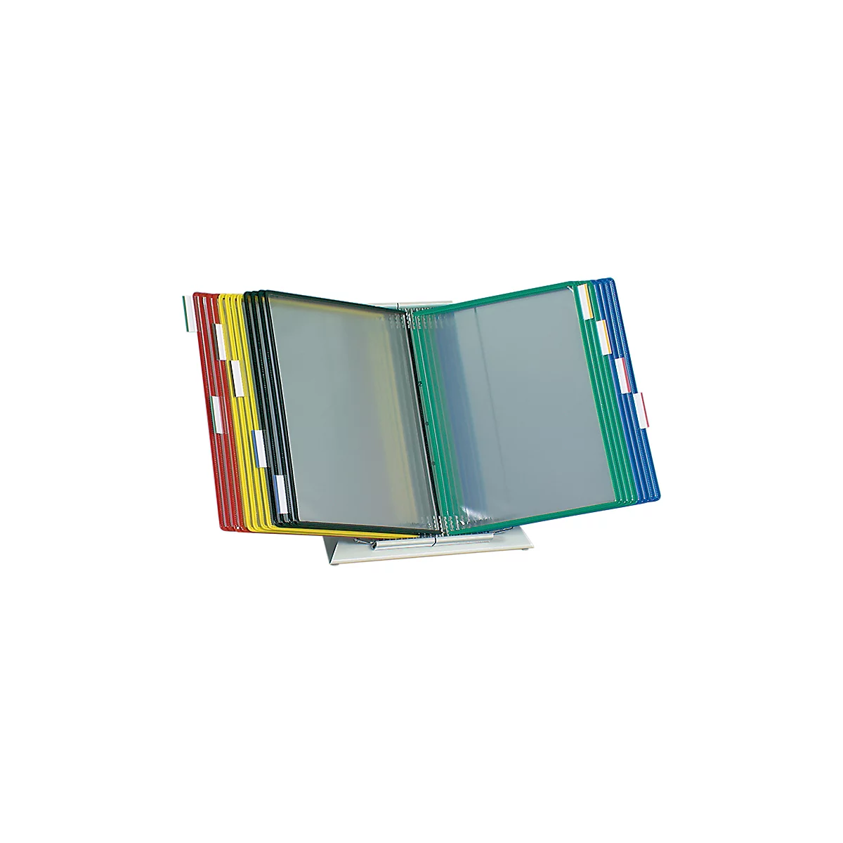 Classeur multicolore avec onglets, ouvert sur un présentoir. Chaque onglet est codé par couleur.