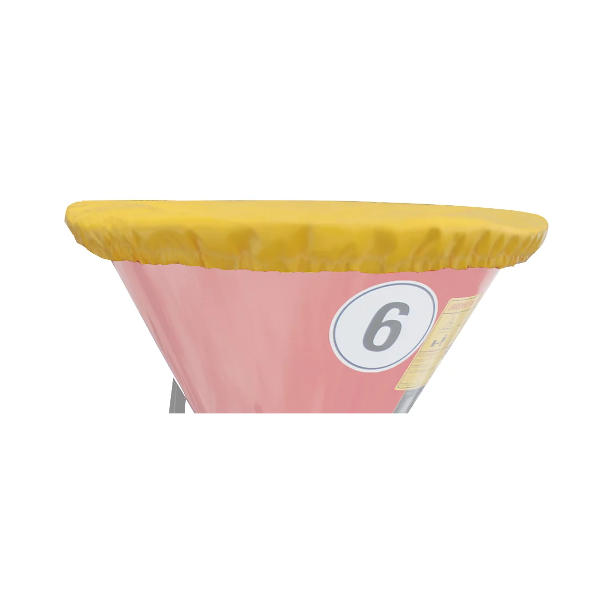Close-up of a red, conical bucket with a yellow lid and the number 6.