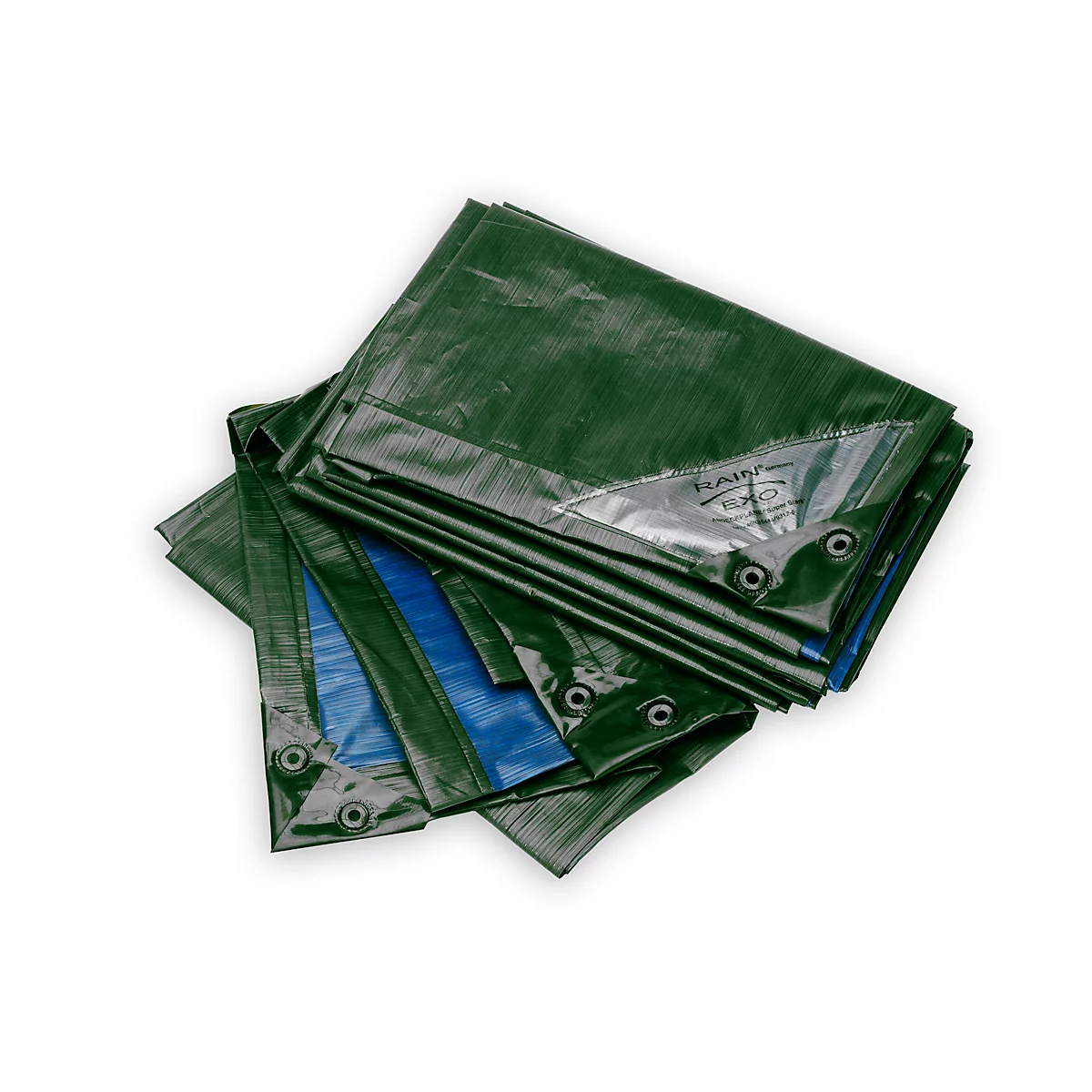 Green tarp, partially blue, with eyelets and company logo, against a white background.