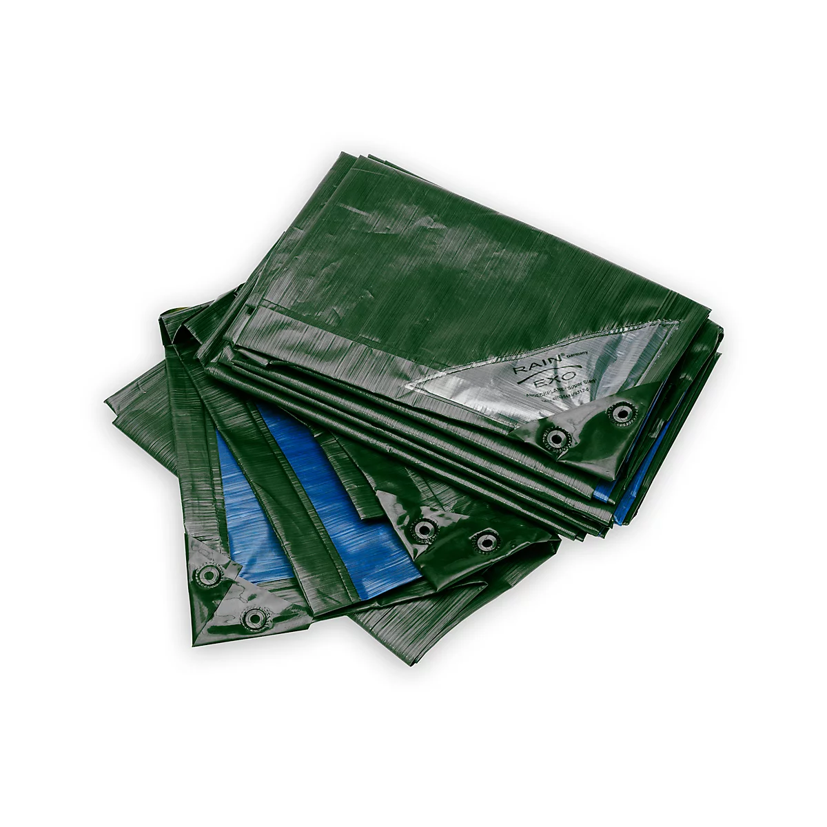 Several green tarpaulins, partly folded, with blue inside. Some have eyelets. One reads 'RAIN-EXO'.