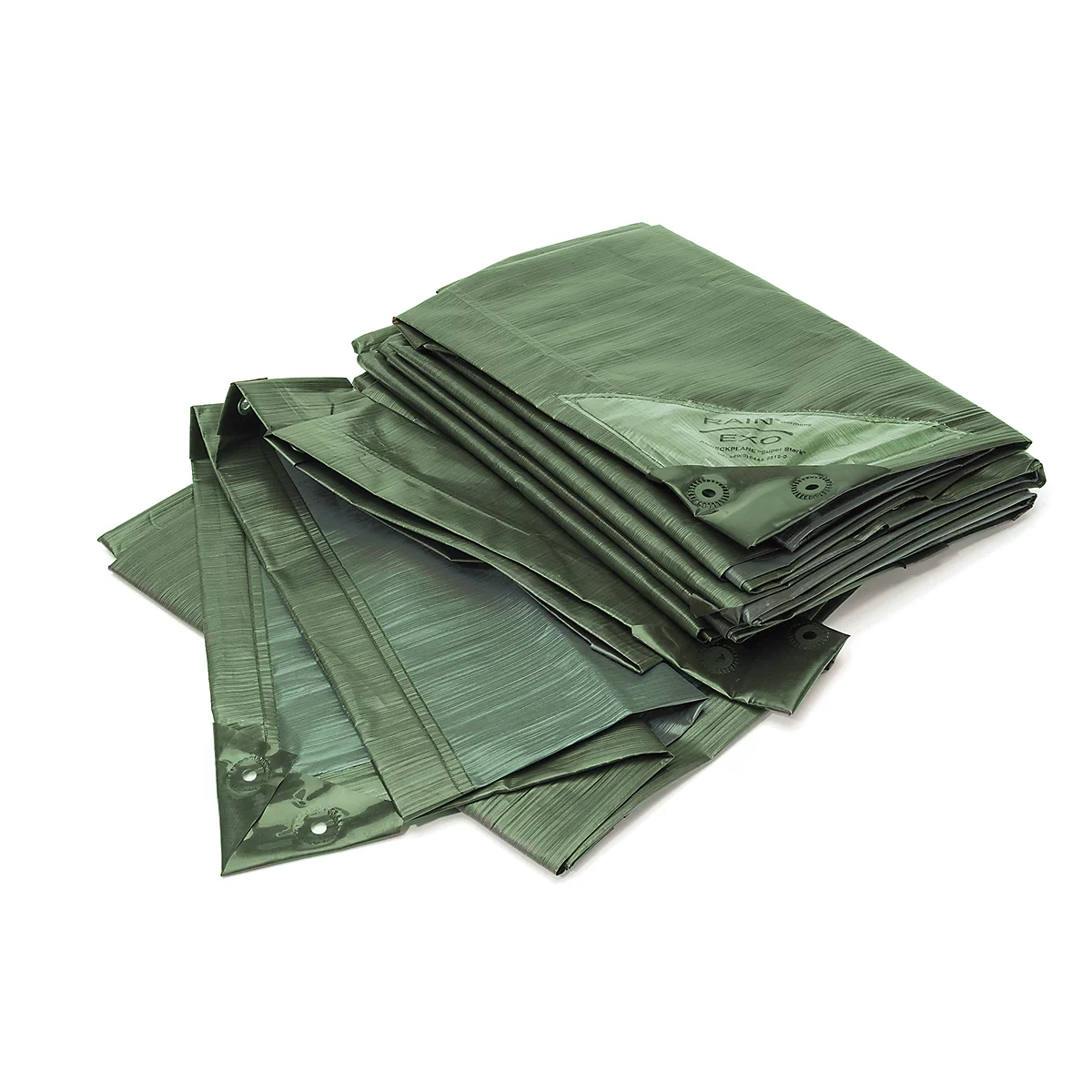 Green tarpaulin, folded. Details: eyelets and reinforced corners. Bright setting.