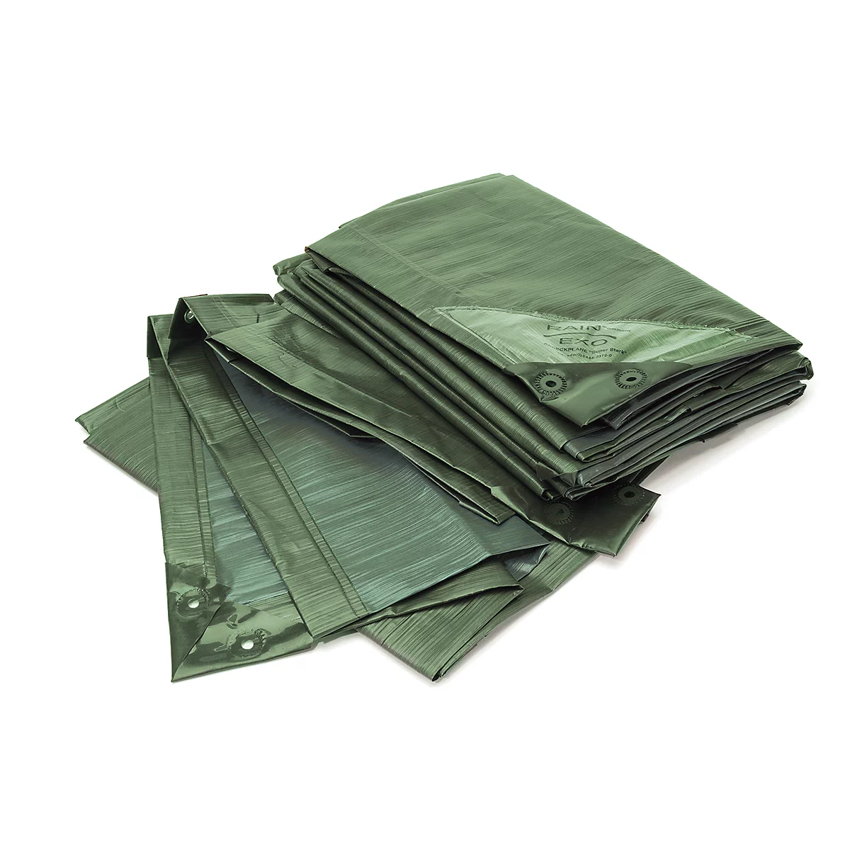 Green, folded tarp on a white background, with eyelets for attachment.