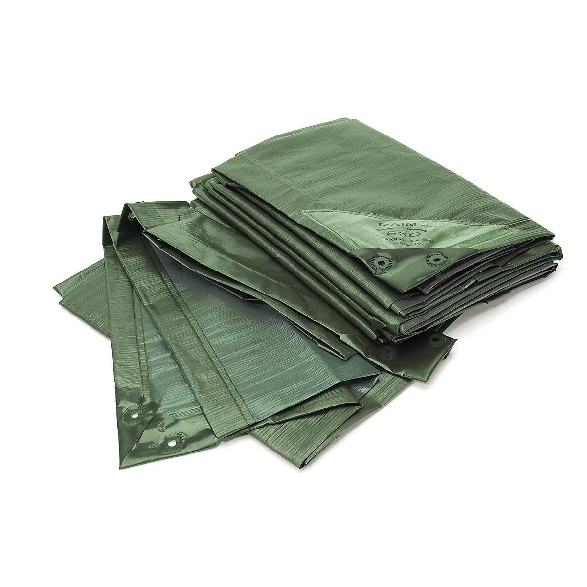 Stack of green tarpaulins with metal eyelets at the corners. Part of the tarpaulin is unfolded.