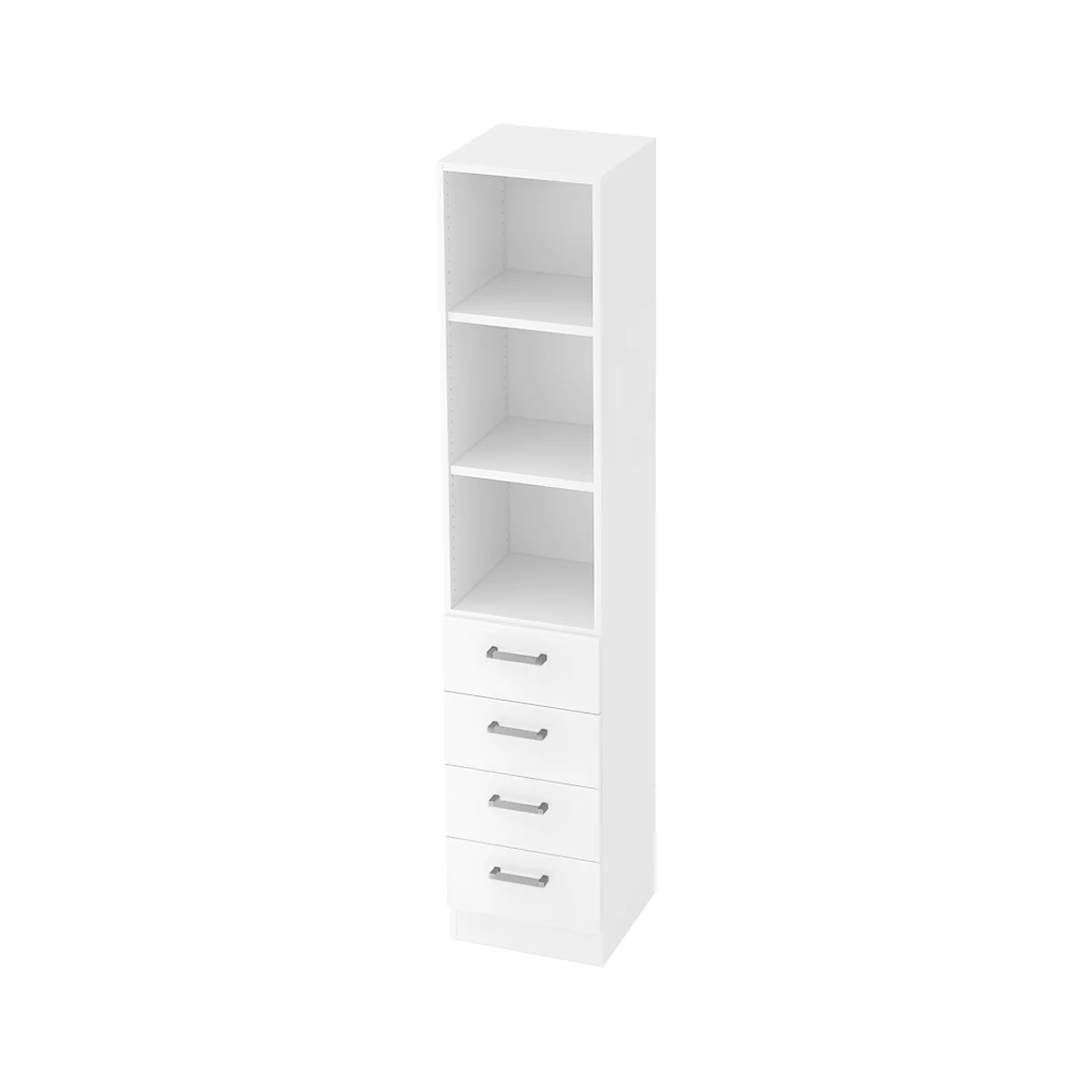 White shelf with open compartments and drawers. Open compartments at the top, drawers with handles at the bottom.