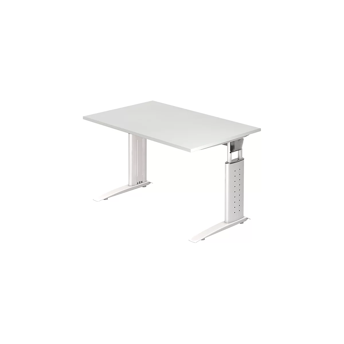 A white height-adjustable desk standing against a white background.