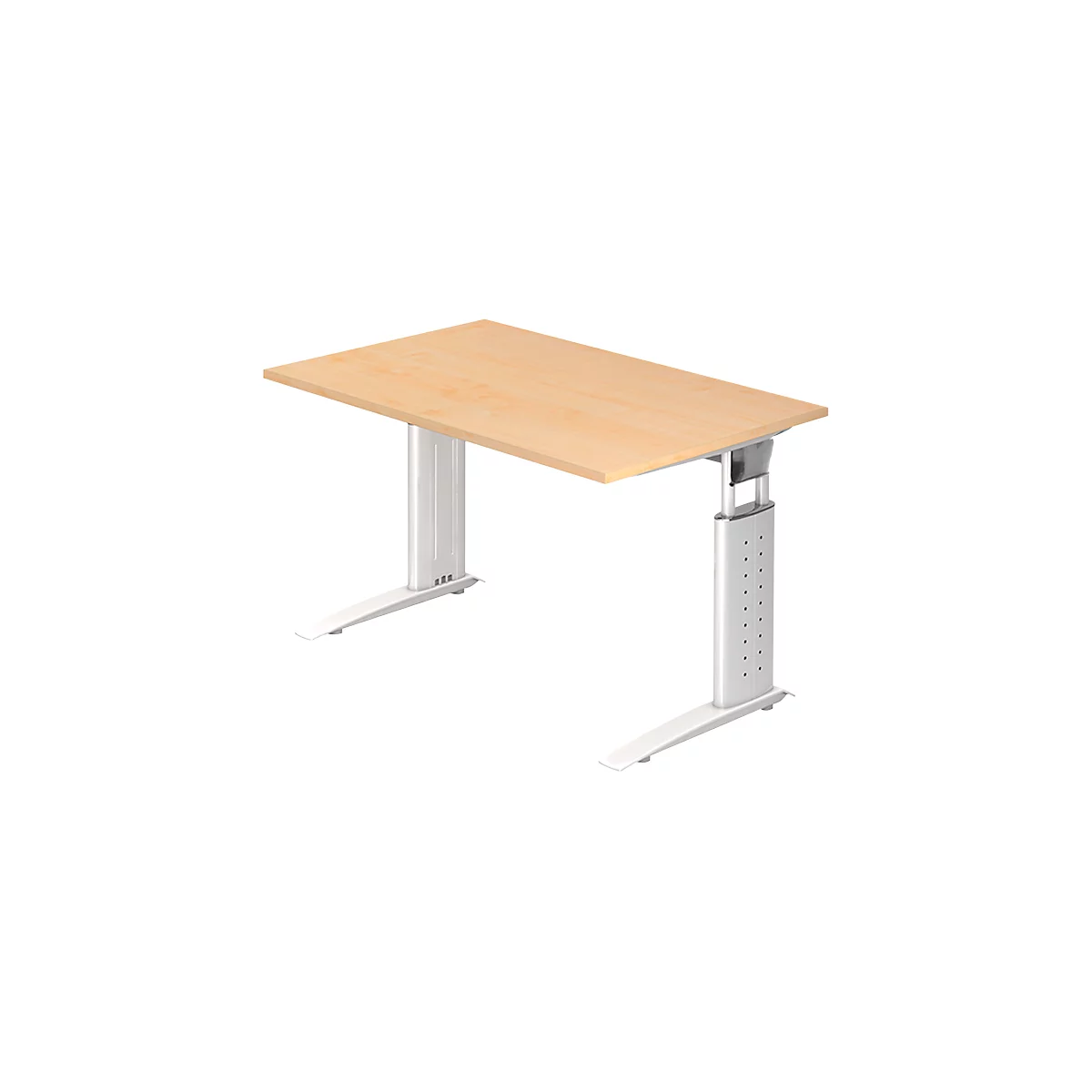 A bright, height-adjustable desk, made of wood and metal, on a white background.