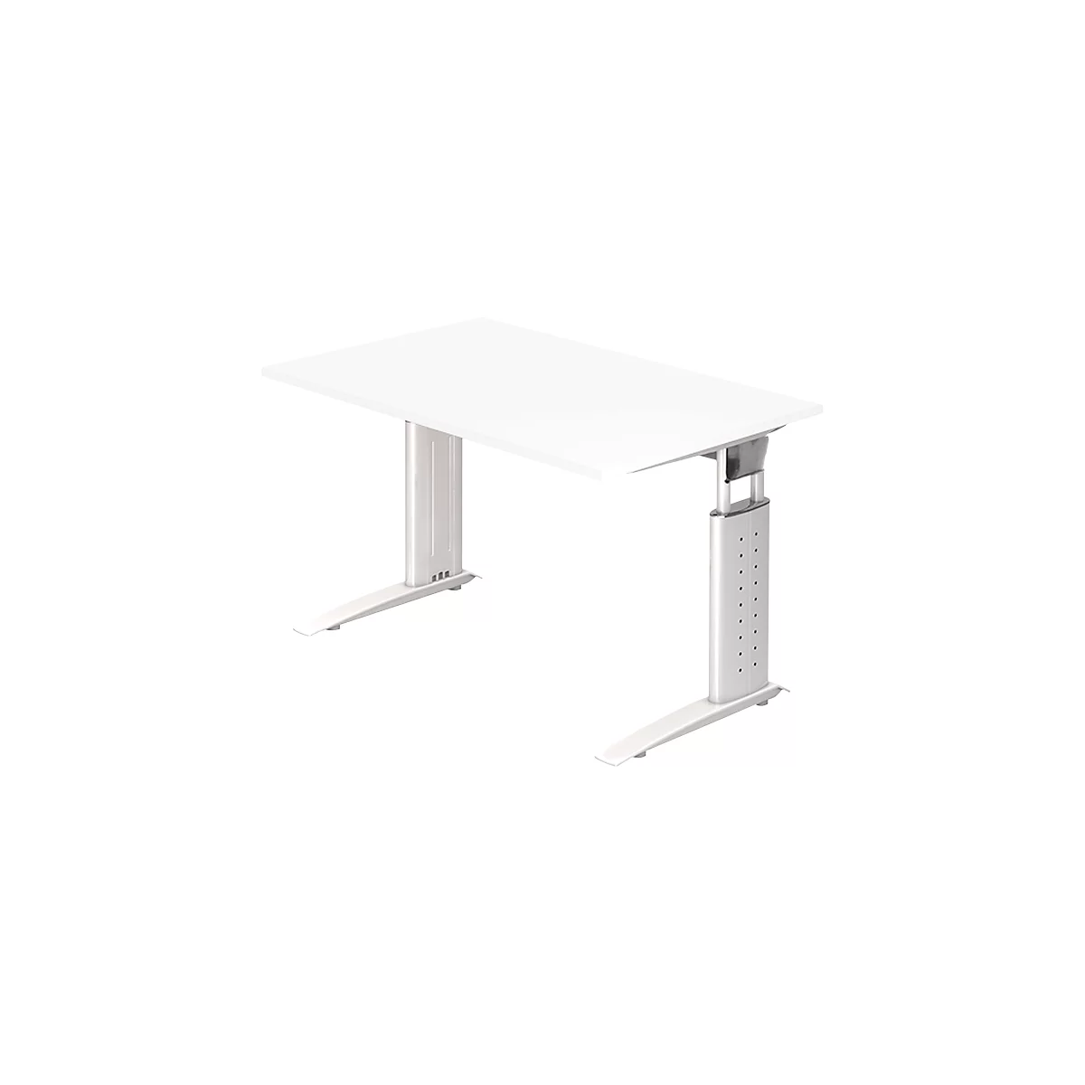 White, height-adjustable desk with silver legs. Rectangular table top.