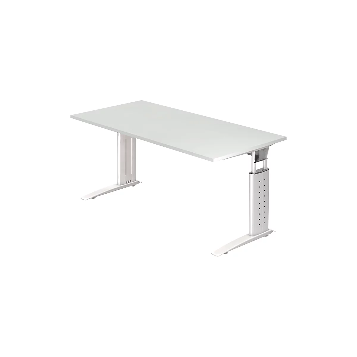 White height-adjustable desk, view from an oblique angle. Two silver legs. Right side with holes.