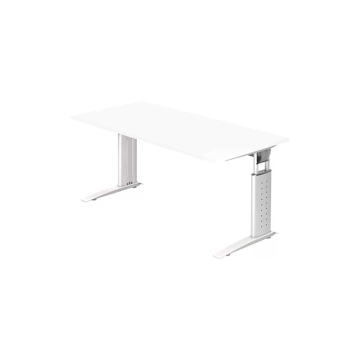 A white, height-adjustable desk stands against a white background. The desk is depicted at a slightly oblique angle.