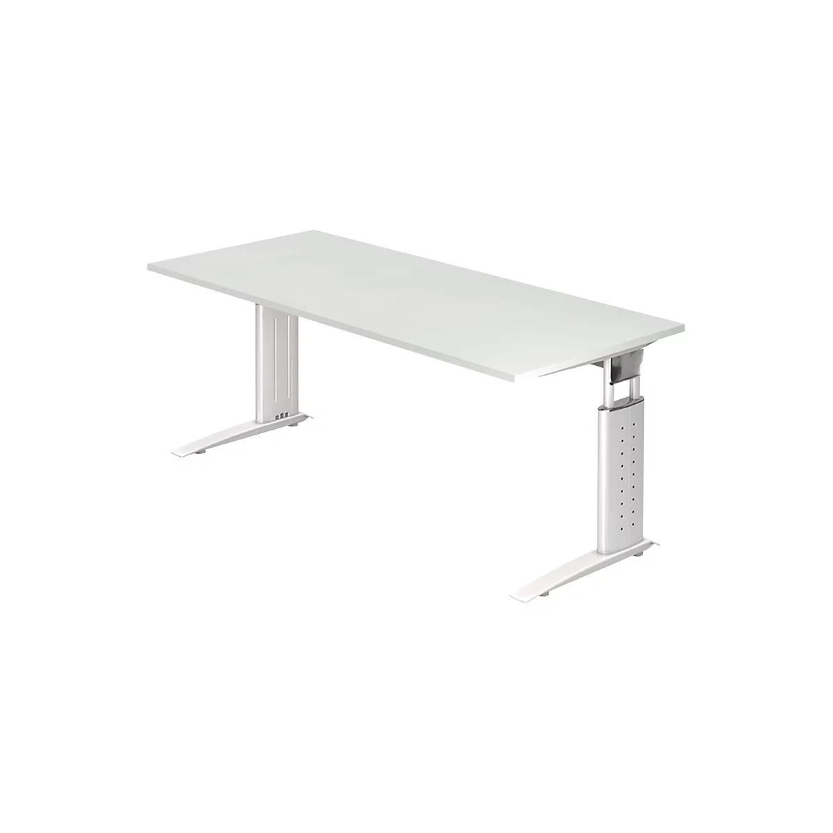White, height-adjustable desk on a white background, bird's eye view.
