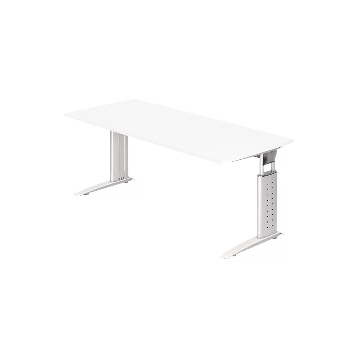 White, height-adjustable desk against a light background. It has a rectangular tabletop and silver legs.