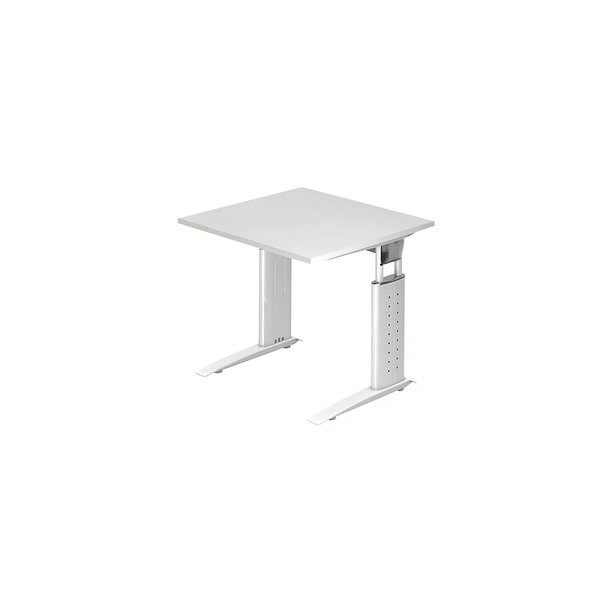 A white height-adjustable desk, shown in detail.