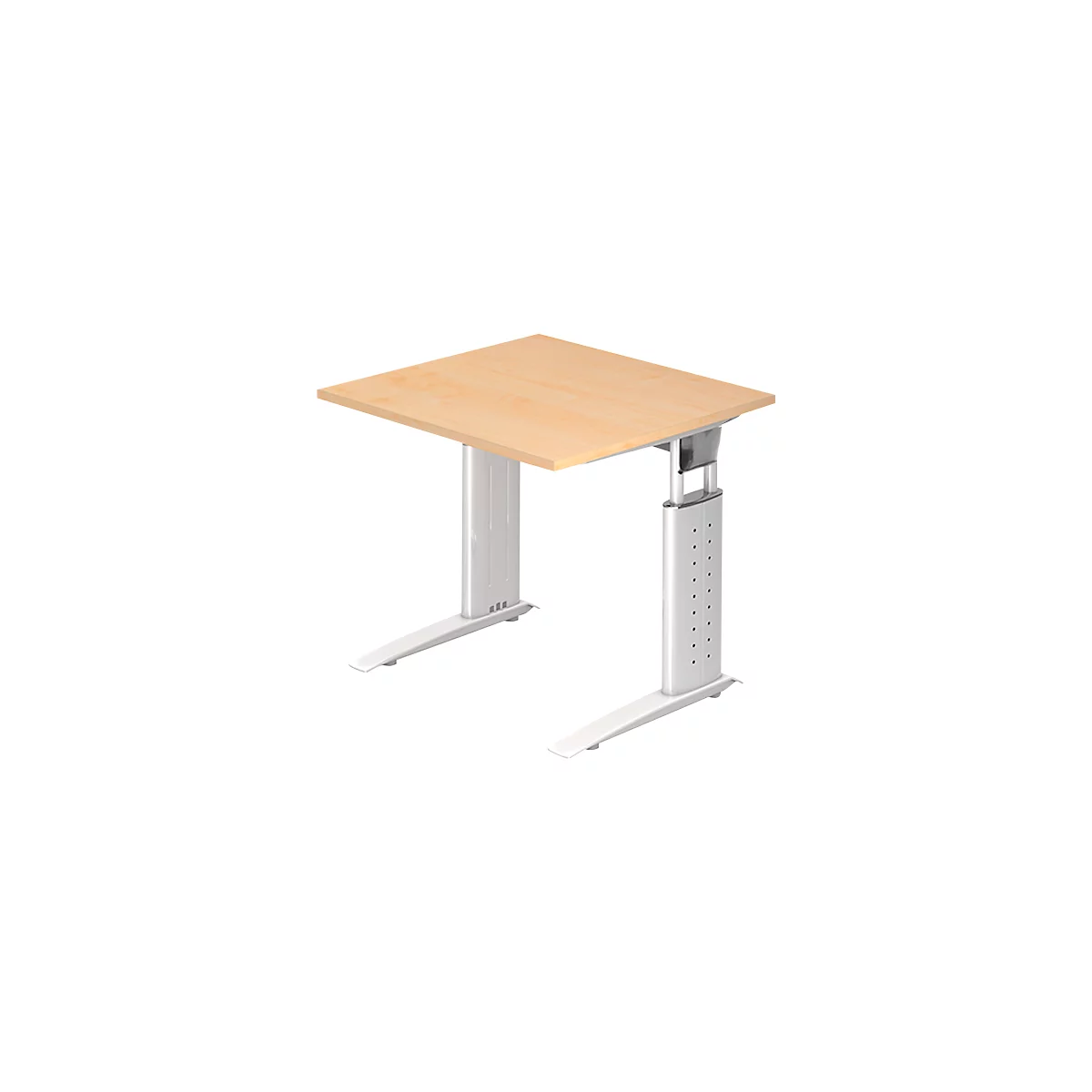 Height-adjustable desk. Light brown tabletop, white angular legs with a hole pattern.