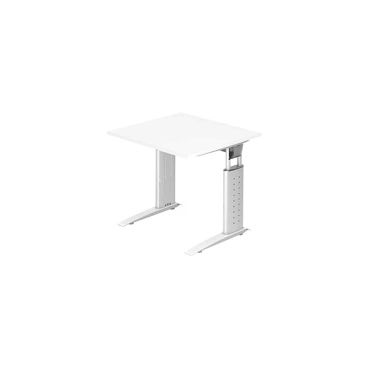 White, height-adjustable desk. Square tabletop on silver frame.