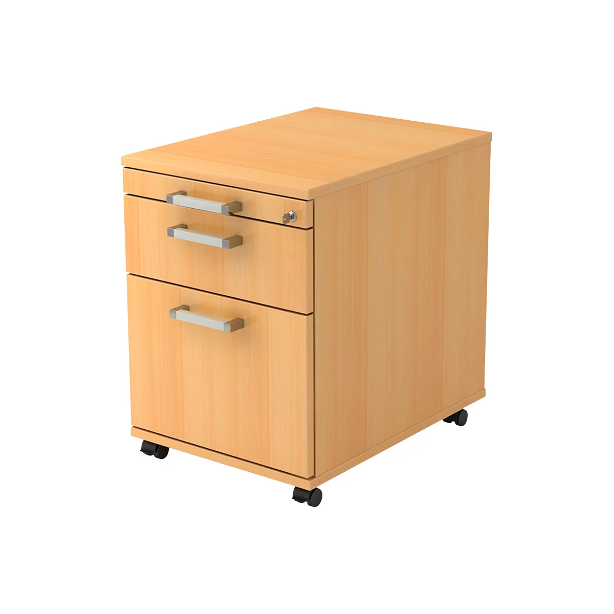 Beige rolling cabinet with three drawers. The handles are silver-colored, on wheels.