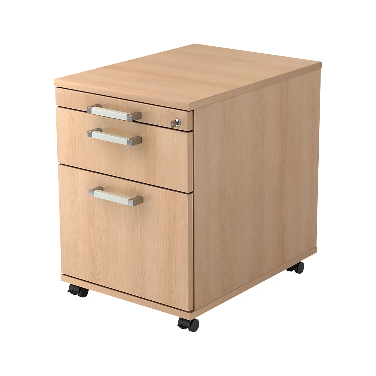 Light brown mobile pedestal with three drawers, silver handles, and wheels.