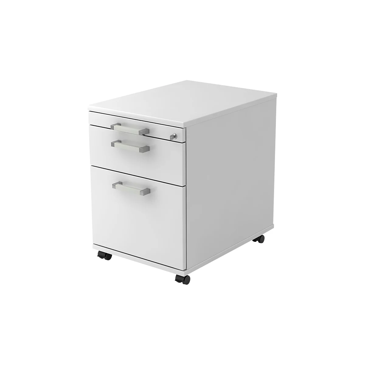 White mobile pedestal with two drawers and silver handles.