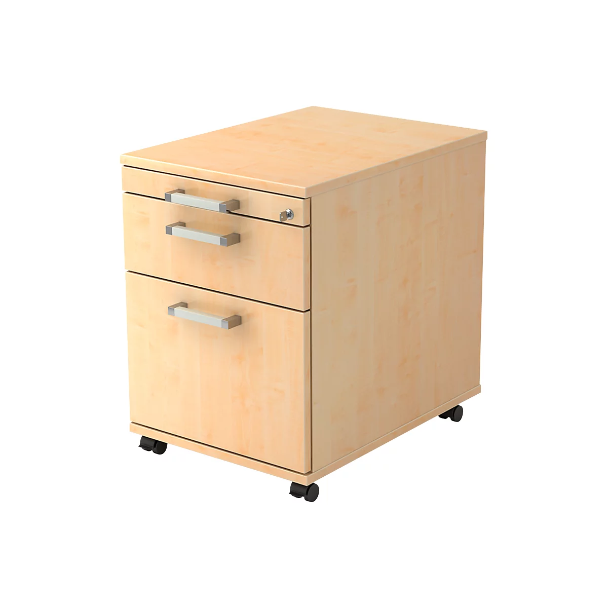 Light wood roll container with three drawers and castors.
