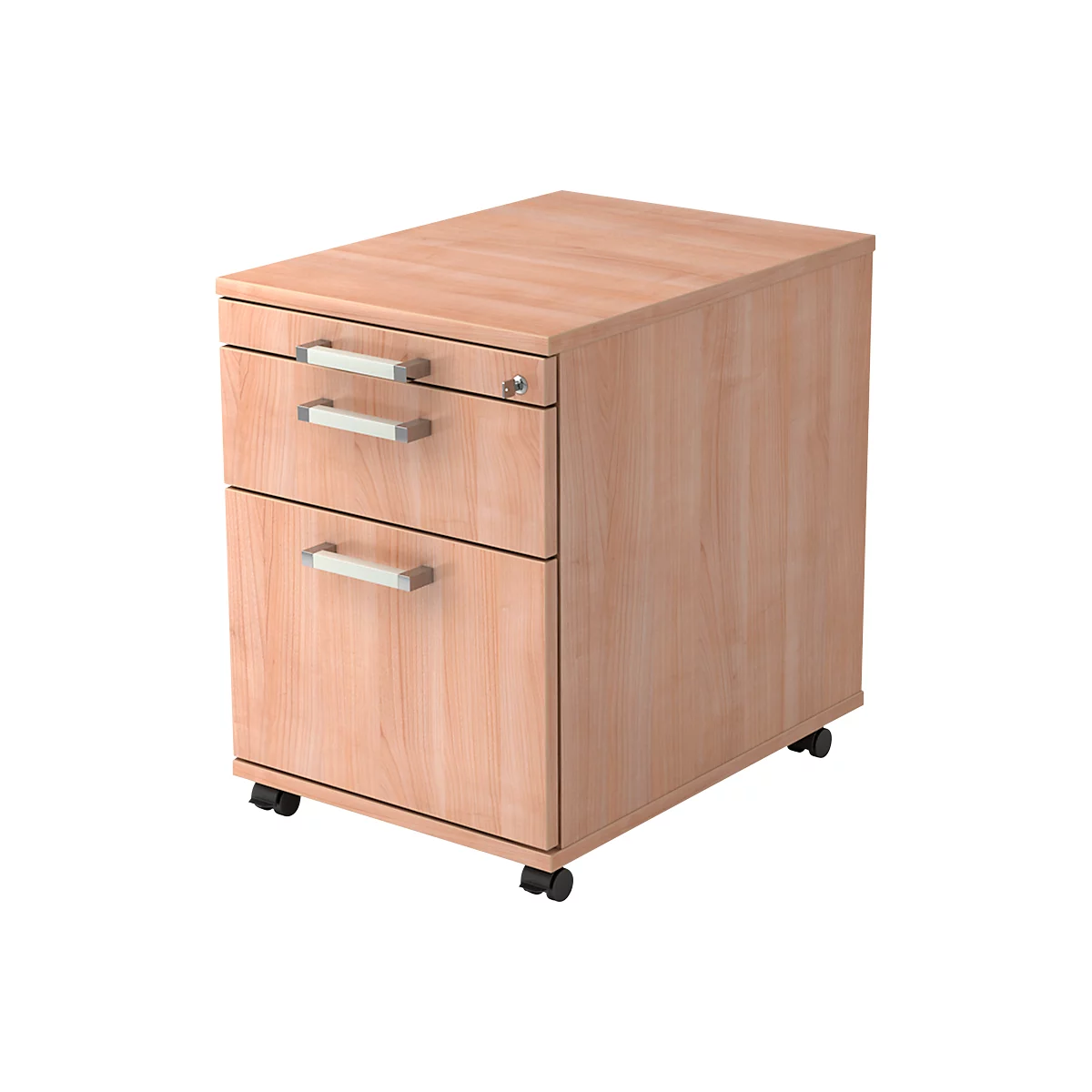 Light brown office cabinet on wheels with three drawers and silver handles.