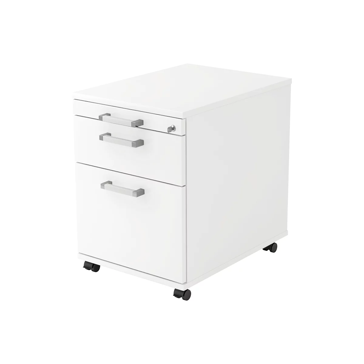 White rolling file cabinet with three drawers, silver handles, and wheels.