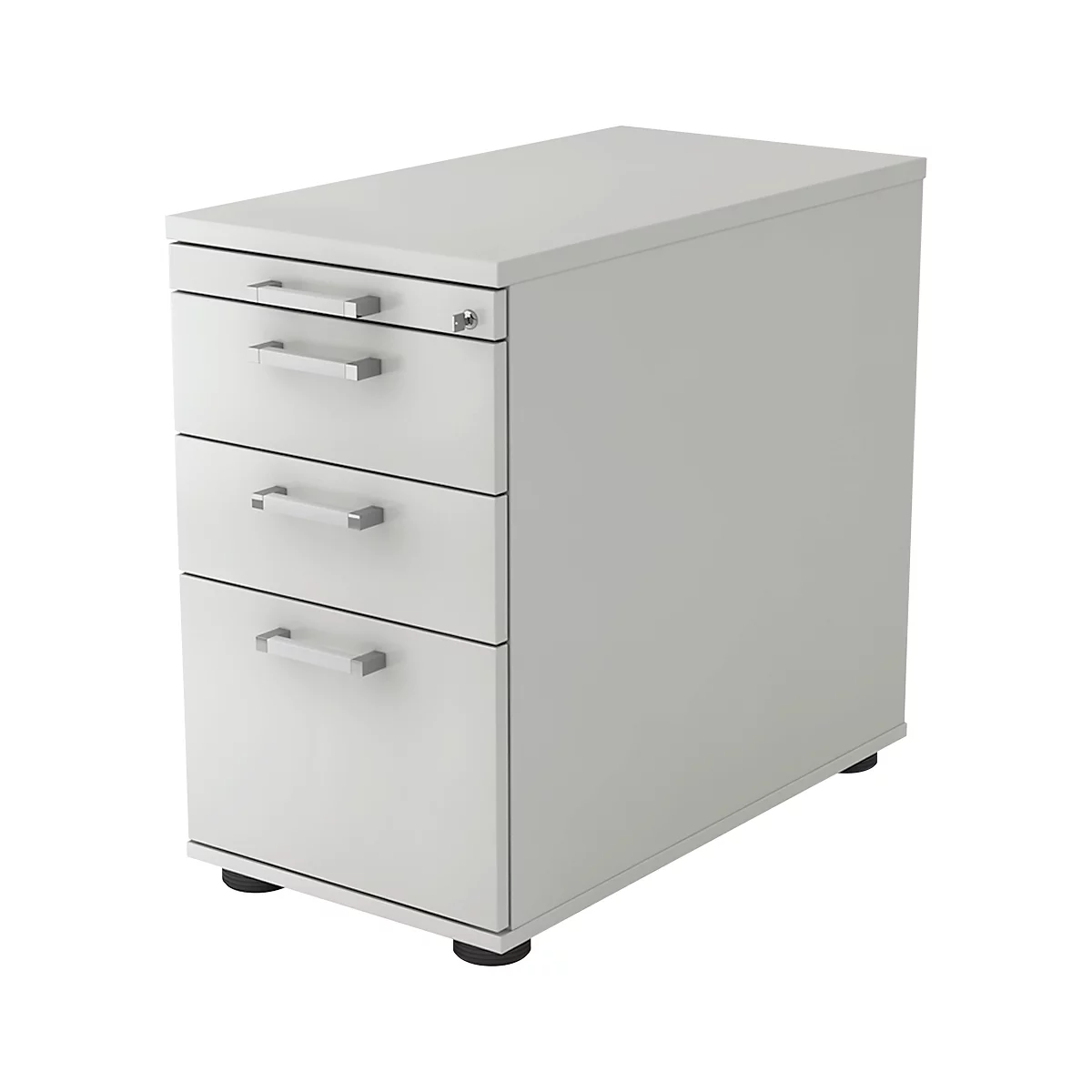 White pedestal with three drawers, silver handles and lock. Black feet.