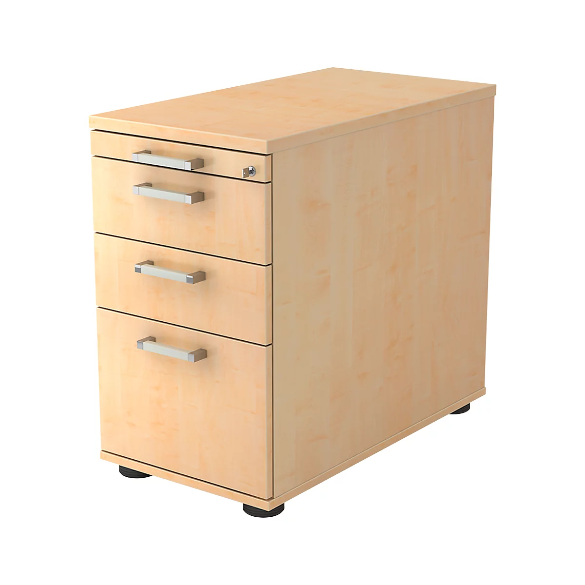 Light brown file cabinet with three drawers, silver handles, and a lock.