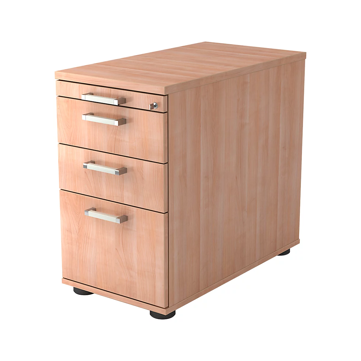 A wooden mobile pedestal with three drawers, silver handles and black feet.