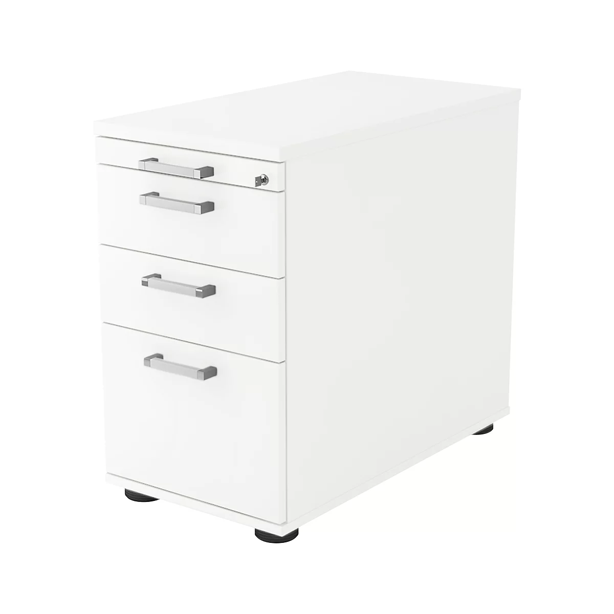 White pedestal with three drawers, silver handles, and black feet.