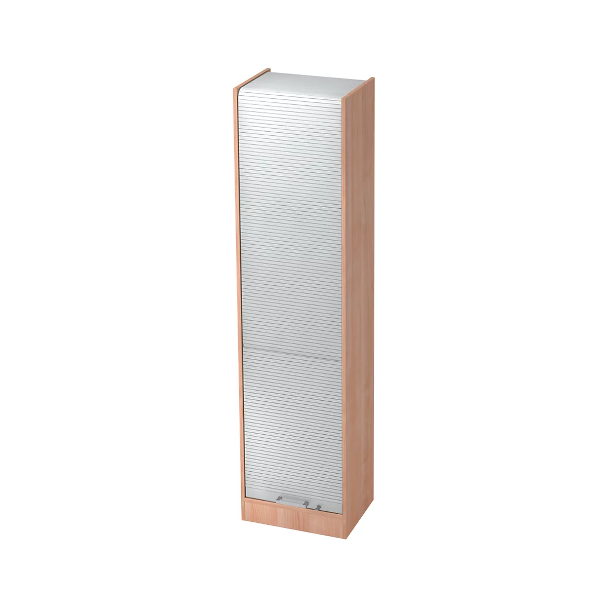 Light wood cabinet with roller shutter door. A narrow handle at the bottom, the sides are made of light wood.