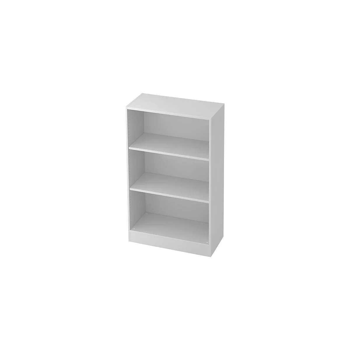 White bookshelf with three shelves, against a white background.