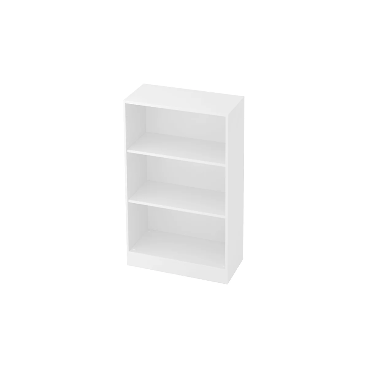 White bookshelf with three compartments, freestanding. Rectangular shape, simple design.
