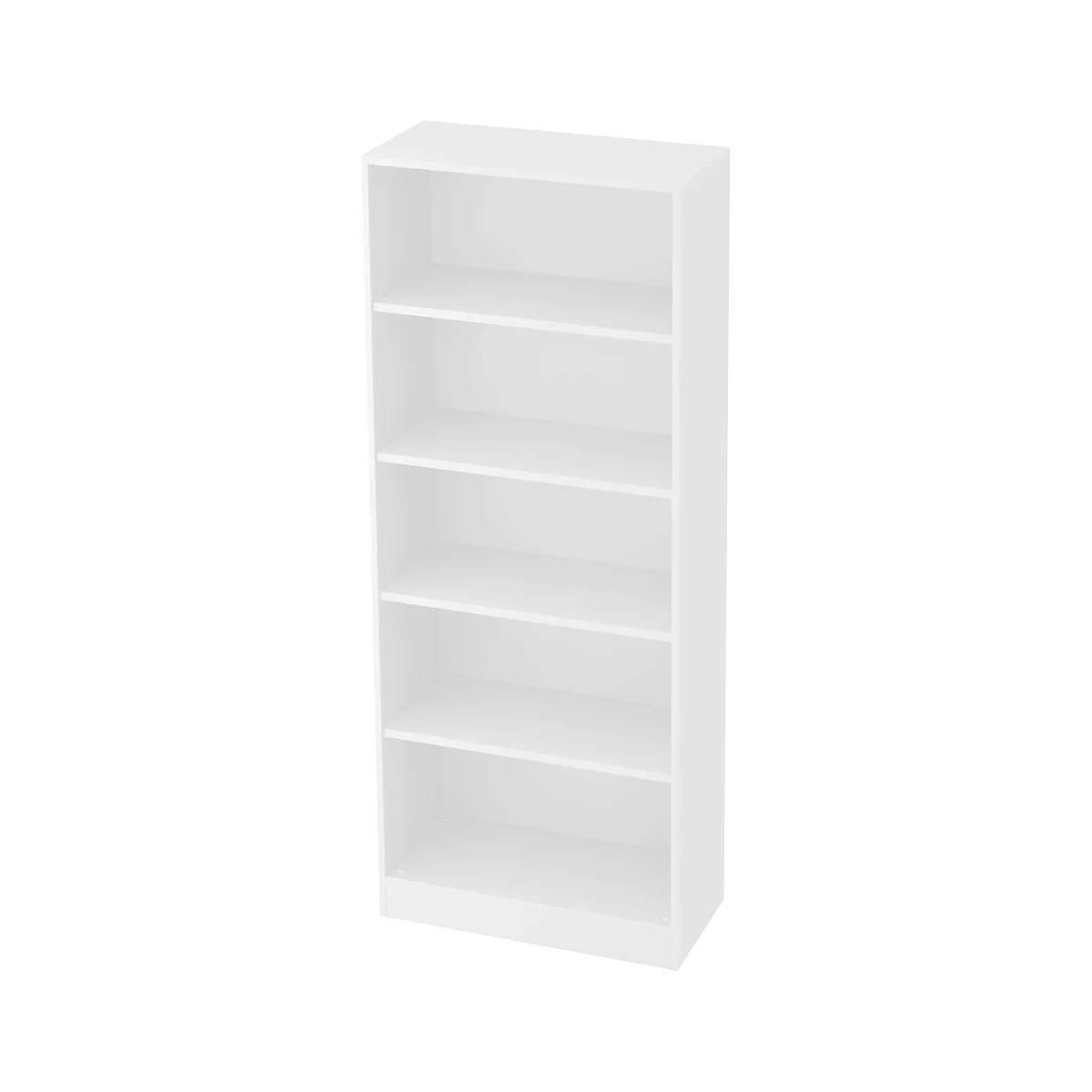 A white bookshelf with five shelves. The edges are smooth and the design is minimalist.