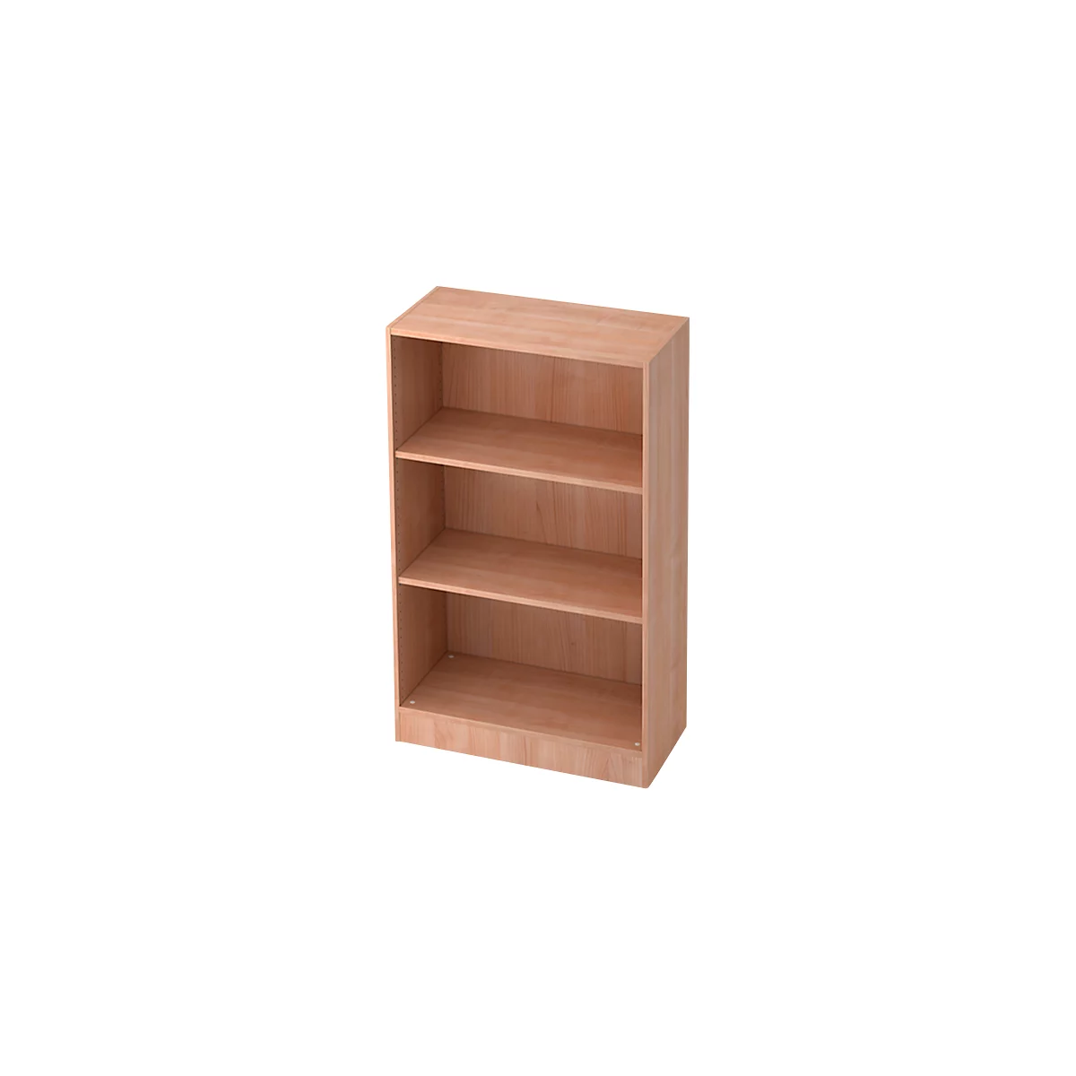 A wooden bookshelf with three shelves, against a white background. The wood has a light grain.