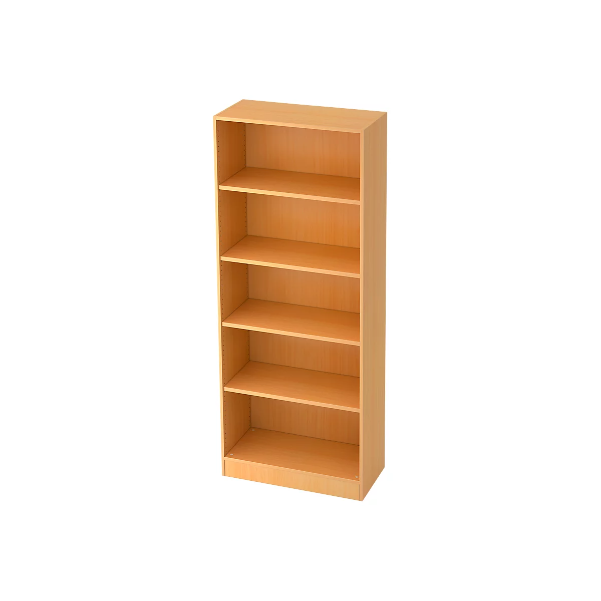 A light brown empty bookshelf with six shelves.
