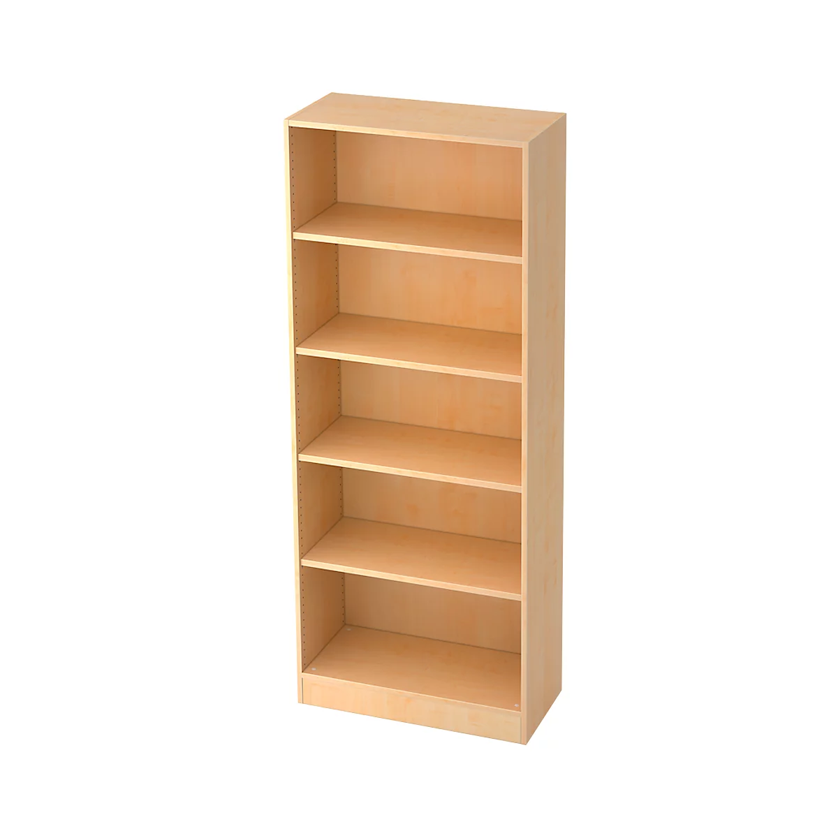 Beige wooden bookshelf with five shelves. The bookshelf is empty and stands against a white background.