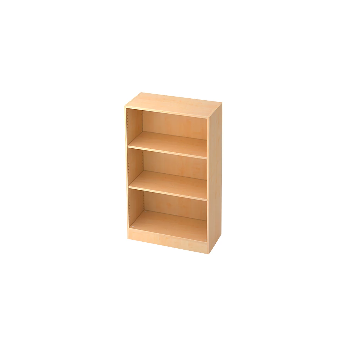 Beige bookshelf with three shelves. Smooth wood grain.
