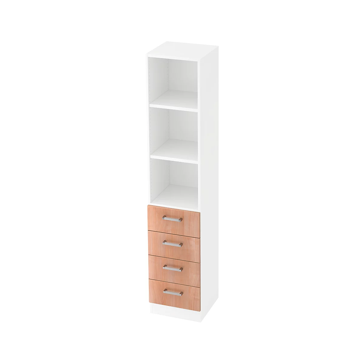 Tall white cabinet with four wood-look drawers. Three shelves, silver handles.