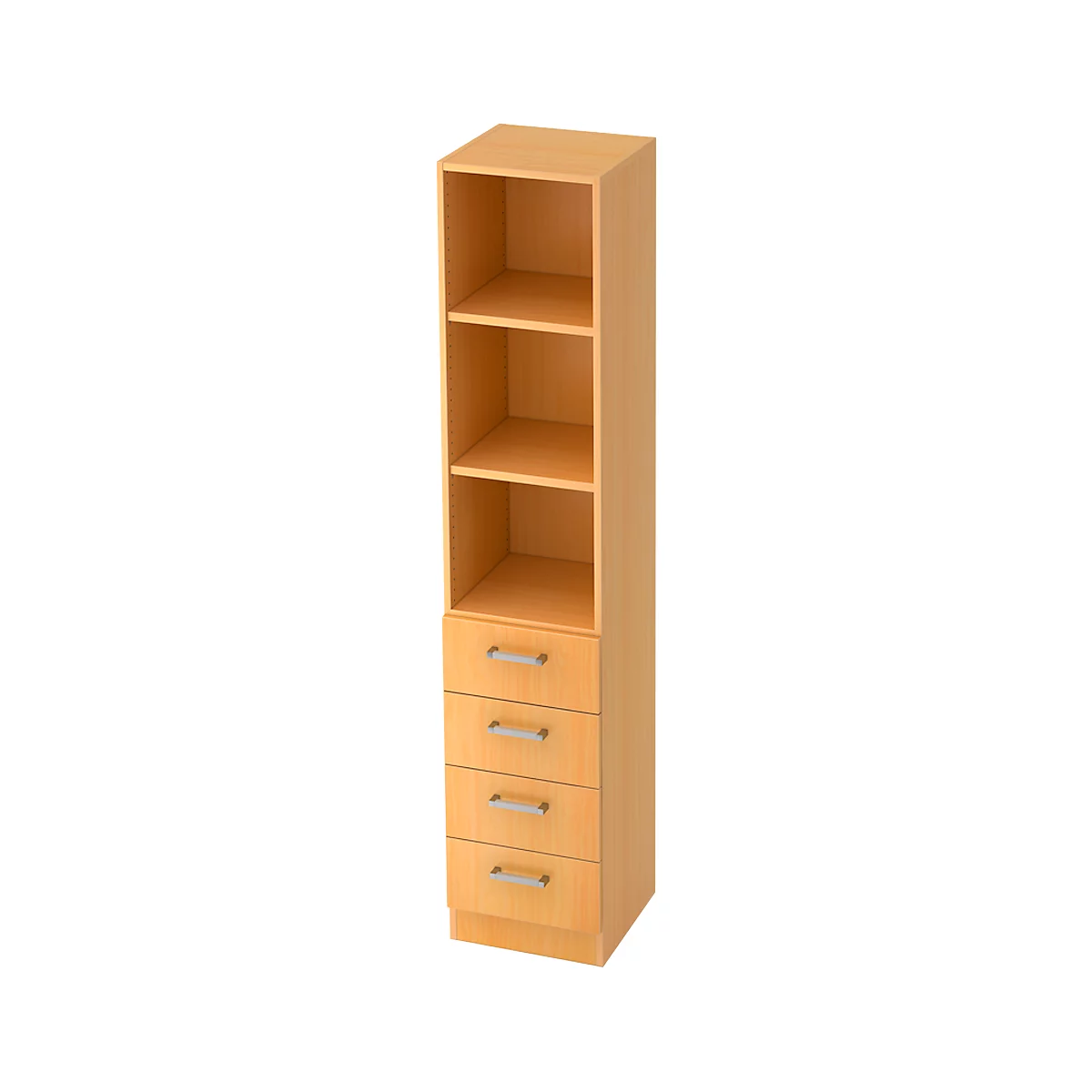 Tall, beige cabinet with open shelves and drawers. The drawers have silver handles.