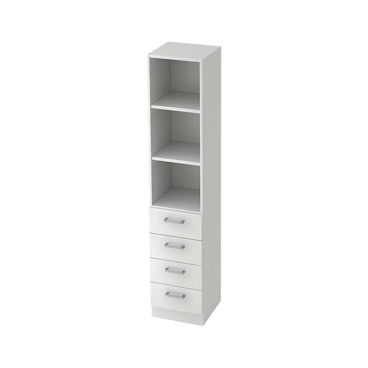 A white bookcase with open shelves and drawers; on a white background.