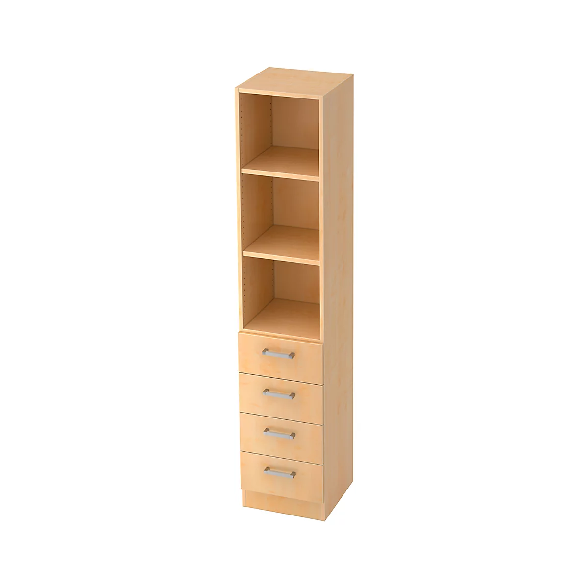 Tall, beige cabinet with shelves above and drawers below.