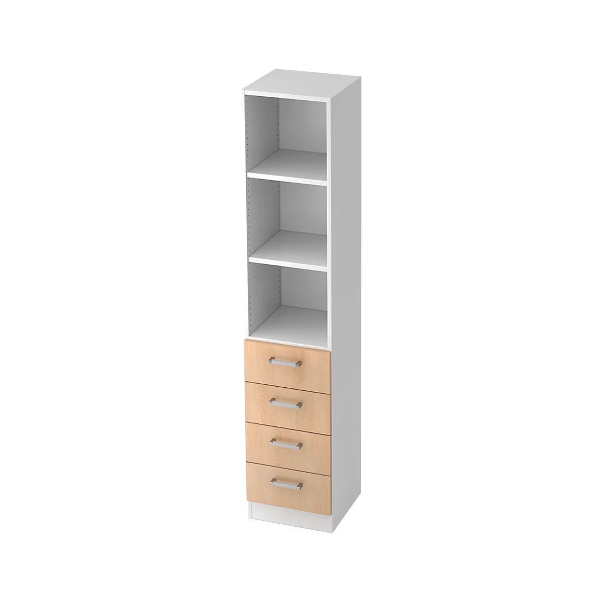 A tall white cabinet with open shelves and four drawers made of light wood.